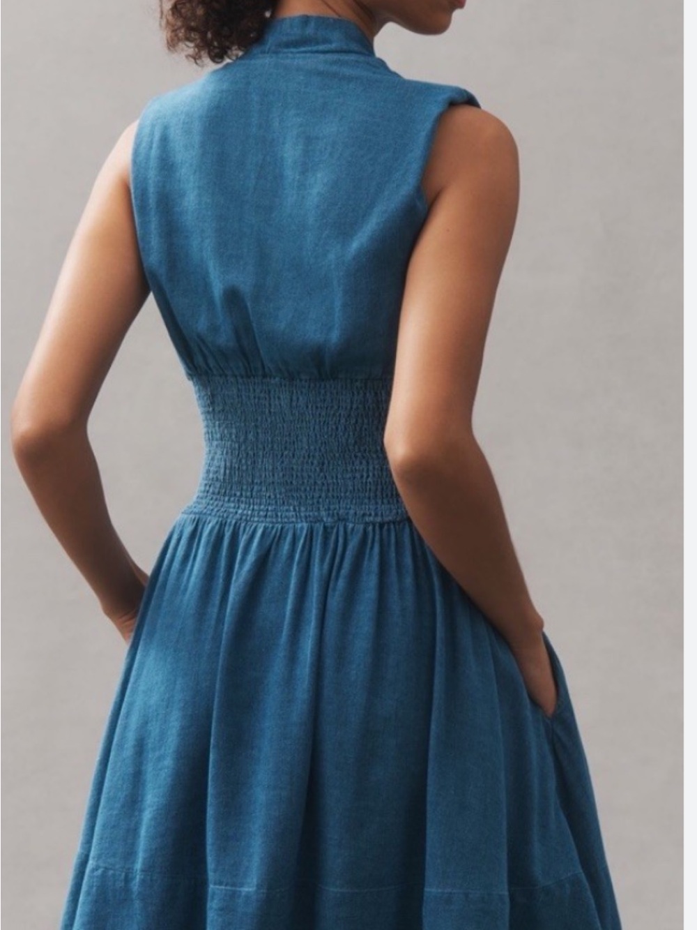 Anthro The Tommie Cap-Sleeve Smocked Front-Zip Shirt Dress: Mini Denim, L - Picture 3 of 3